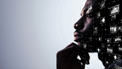 Conceptual art of a thinking individual surrounded by global data streams, highlighting connectivity and artificial intelligence themes