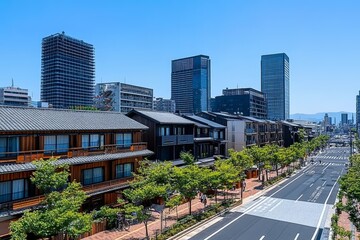 Modern and Traditional Architecture in Tokyo Cityscape With Tree Lined Streets and Pedestrians in May