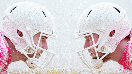 Two football players facing each other in a snowy field during winter while wearing helmets and red jerseys