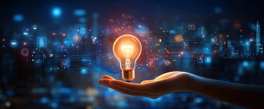 Innovative Strategy for Business Growth with Futuristic Light Bulb and Digital Icons in a Cityscape