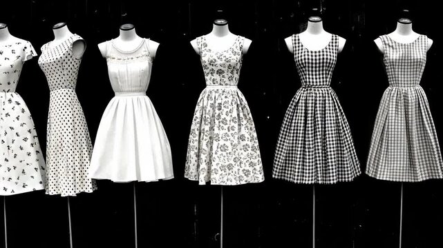 A black and white photograph depicts six dresses on mannequins, arranged neatly in a row
