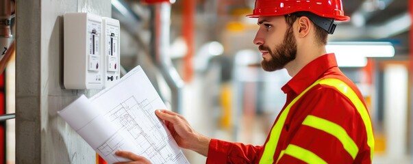 A worker in a hard hat and safety vest examines blueprints while standing beside electrical panels in a construction setting.