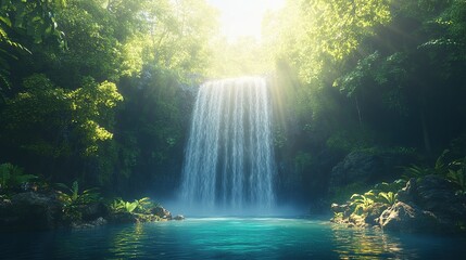 A serene waterfall cascading into a tranquil pool surrounded by lush greenery and sunlight.