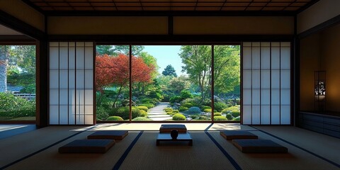 Fototapeta premium Japanese Traditional Room with Shoji Doors and Garden View Tatami Minimalist Decor Sunlit Japanese Architecture Summer