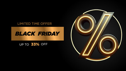 banner preto e dourado escrito "LIMITED TIME OFFER BLACK FRIDAY UP TO 33% OFF"