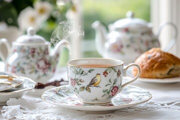Elegant Afternoon Tea Setting with Floral Porcelain and Fresh Pastry