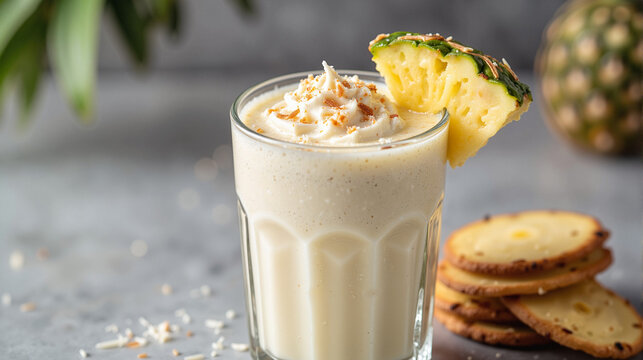 Coconut milkshake with pineapple slice and cookies