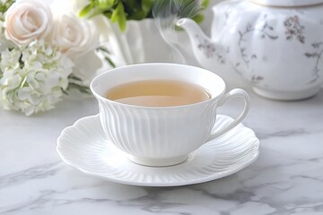 Elegant Tea Setting: A Delicate Cup of Herbal Tea on Marble Table