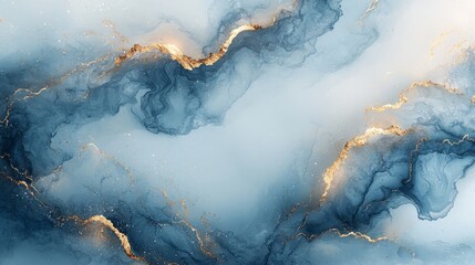 Abstract blue and gold fluid art with swirling patterns and textures.