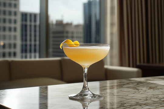 A photo of a Sidecar cocktail with a lemon twist on a modern stone bar table and background in a high class city lounge.
