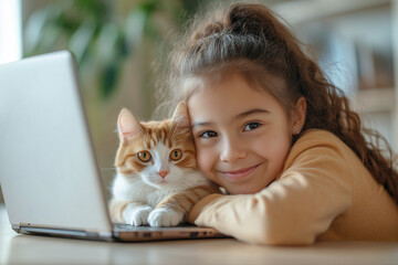 Happy little  White Latina Girl Child Using Laptop Cuddled With Her Cat Kitten Pet