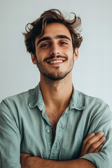 Obraz premium Portrait of a confident man with a warm smile, standing with arms crossed, showcasing charm, professionalism, and a stylish casual look, ideal for business, lifestyle, and personal branding themes.