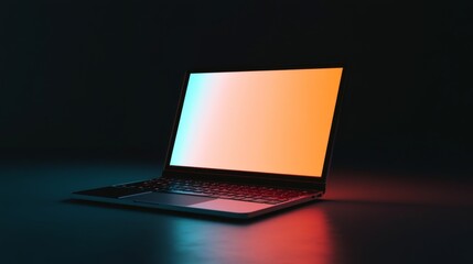 Laptop with blank screen in colorful neon light.