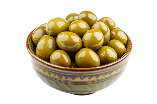Green olives in a bowl isolated png on a transparent background