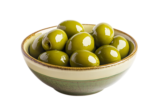 Green olives in a bowl isolated png on a transparent background - Powered by Adobe