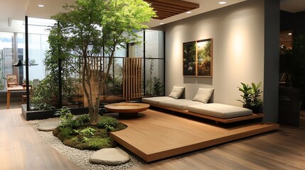 Fototapeta premium Serene indoor zen garden with low seating and plants.