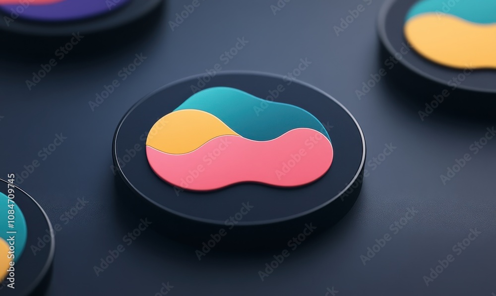 Fototapete logo showcasing a dynamic button design with smooth lines and geometric motifs in vibrant colors, representing action and engagement.