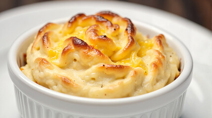 Cheese souffle golden brown in white ramekin