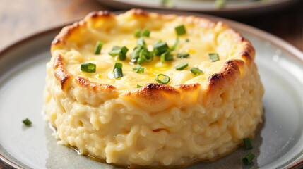 Baked cheese souffle with chives on white plate