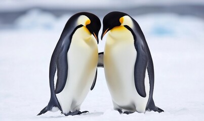 Emperor penguins bonding in snow, two penguins standing close together, displaying affection, snowy landscape, icy environment