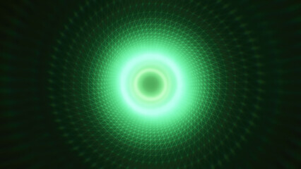 A hypnotic green vortex with a grid-like wireframe tunnel spiraling towards the center, creating a futuristic and geometric visual effect for technology, innovation abstract