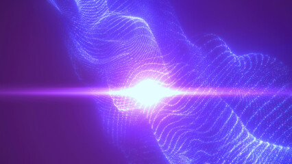 An abstract representation of energy waves in vibrant purple and blue hues creating a flowing dynamic pattern against a dark background