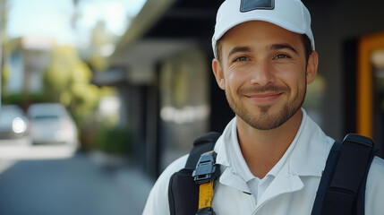A cheerful pest control expert stands in a sleek home, ready with tools to tackle any pest problem.