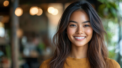 Obraz premium Cheerful young woman enjoys remote work in a vibrant indoor space, embracing the freedom of digital nomad life.
