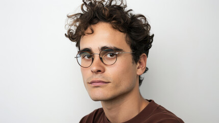 Obraz premium A stylish young man with curly hair and glasses exudes confidence in a relaxed profile pose, showcasing his natural charm.