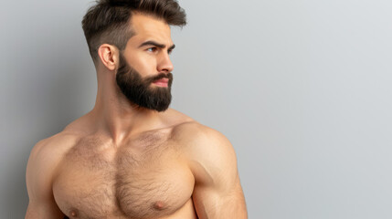 Fototapeta premium A strong, attractive young man flexes his muscles shirtless, showcasing pure masculinity against a clean studio backdrop.