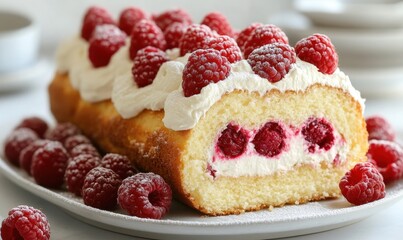 Luscious sponge cake rolled with cream cheese filling and topped with fresh raspberries