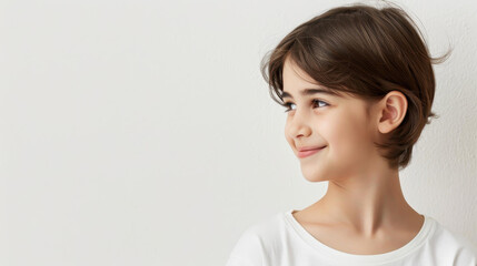 Fototapeta premium A charming Hispanic girl in a white Tshirt relaxes with a confident smile, showcasing her natural beauty and warmth.