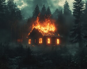 Intense fire engulfs cabin in gloomy forest landscape.  image