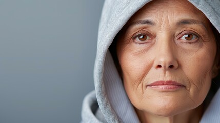 Obraz premium Elegant portrait showcasing a beautiful Asian woman in a cozy hoodie, radiating warmth and style against a soft grey backdrop.