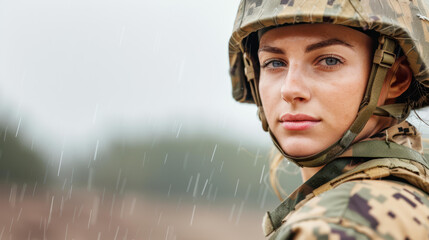 A brave girl soldier stands tall in the rain, her helmet glistening, embodying strength and resilience in tough times. - Powered by Adobe