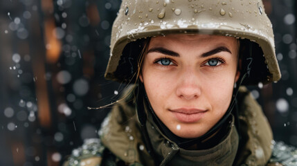 A brave girl soldier stands tall in the rain, her helmet glistening, embodying strength and resilience in tough times.