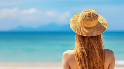 Young woman in a straw hat enjoys a sunny day by the warm blue water, soaking in the vacation vibes...