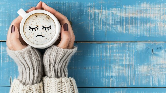A woman clutches a coffee cup with a sad face latte art, reflecting the emotions of a tough morning on a wooden table.