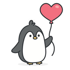 cute hand drawn penguin with a heart shaped balloon, adorable kawaii penguin animal with a heart, valentines day penguin