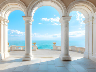 a large archway with the ocean in the background. Generative AI