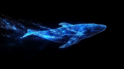 A glowing blue whale made of particles swims through a dark background.