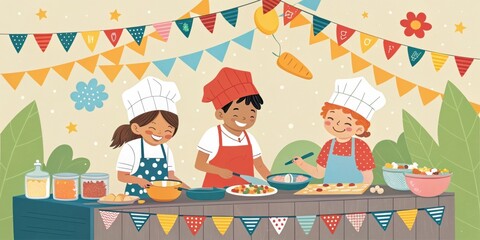Young chefs cooking at outdoor food festival, surrounded by colorful decorations and ingredients, showcasing culinary skills and passion for cooking