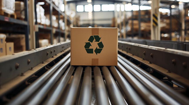 Conveyor belt transporting cardboard packages with recycling symbols in a warehouse environment