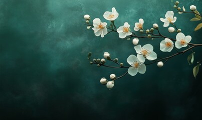 Cherry blossoms branch with white flowers and buds, delicate floral arrangement against teal background