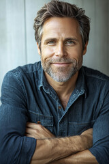 Obraz premium Handsome young man with a confident smile, standing with arms crossed in a casual outfit, exuding charm, intelligence, and an approachable personality for lifestyle, business, and creative projects