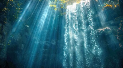 Obraz premium Sunlight beams through an underwater cave, illuminating the water and creating a mystical scene.
