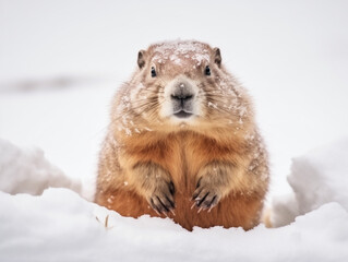 Fototapeta premium Groundhog coming out of its burrow, beautifully covered in snow during winter in a Groundhog Day