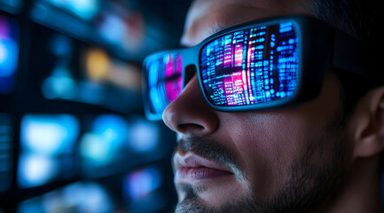 A person wearing futuristic glasses reflecting digital data and technology, highlighting the fusion of human perception and advanced information.