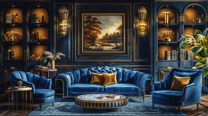 Luxurious living room with blue velvet sofa, armchairs, and a golden coffee table, a large painting hangs on the wall, and bookshelves are filled with books.