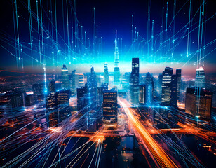 AI, complex computer network of interconnected nodes with data lines flowing between theml